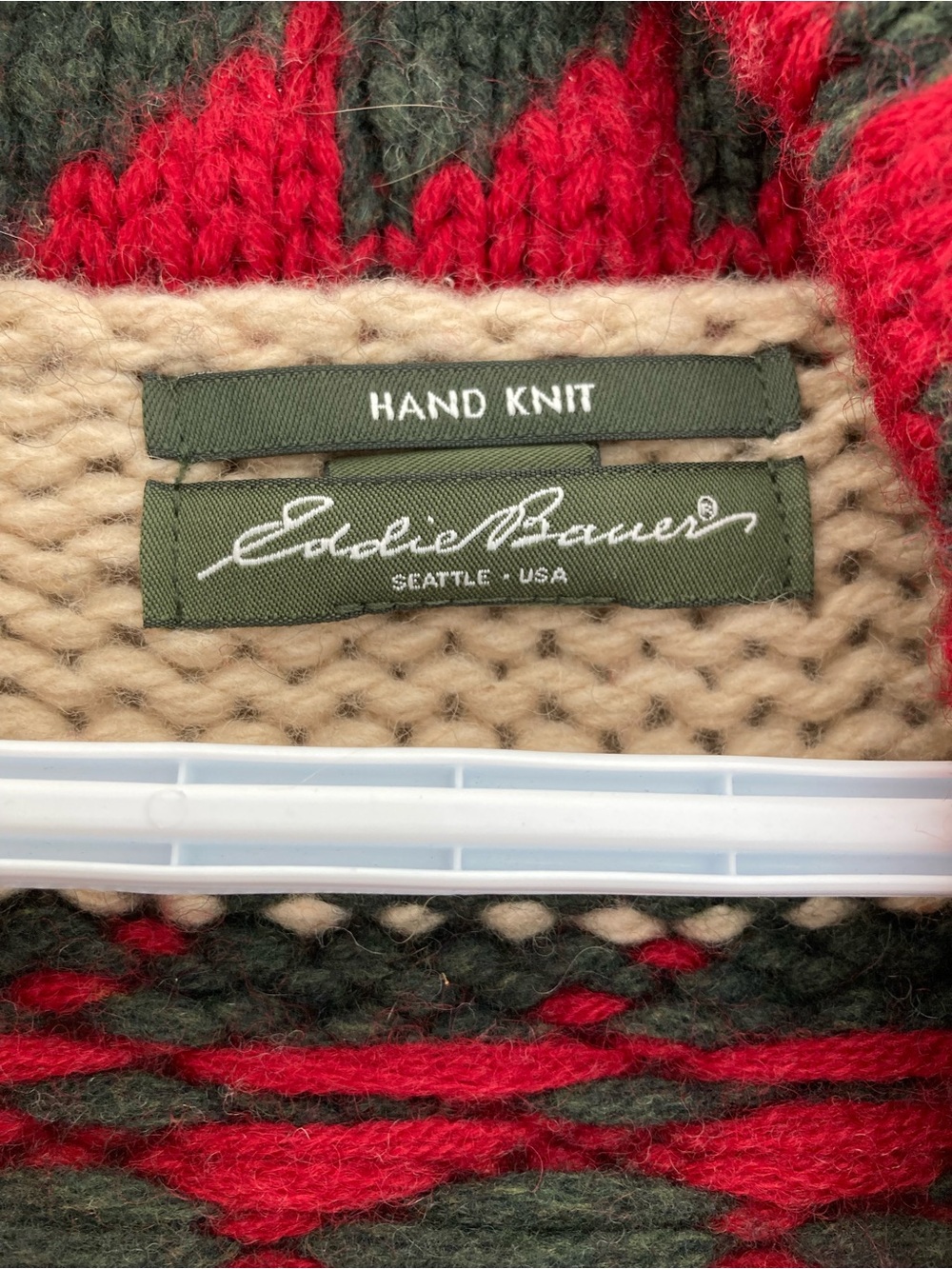 Eddie Bauer Beige Shawl Cardigan with Red & Dark Green Wool Tribal Pattern Hand - Picture 2 of 12